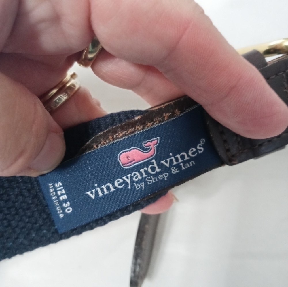Vineyard Vines Navy Blue Canvas Classic Whale Print Belt Brass Buckle 30 - Picture 3 of 6